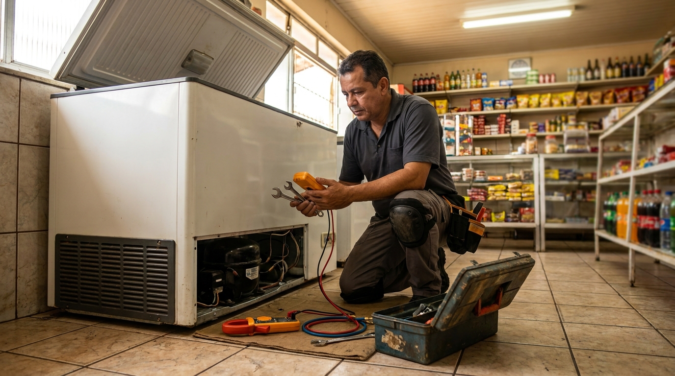 Técnico realizando manutenção de motor de freezer em Divinópolis‑MG