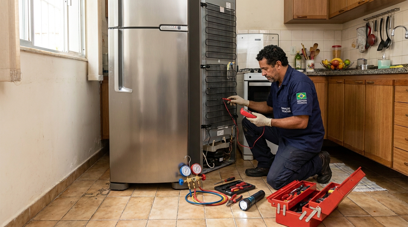 Técnico realizando manutenção de motor de geladeira em Divinópolis‑MG